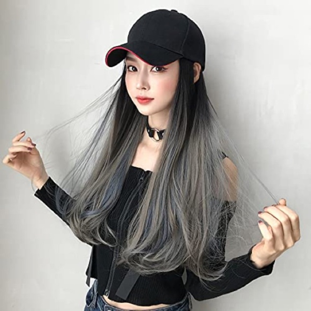 Women Baseball Cap with 24in Hair Extensions Black Hat with Ash Gray & Blue Wig